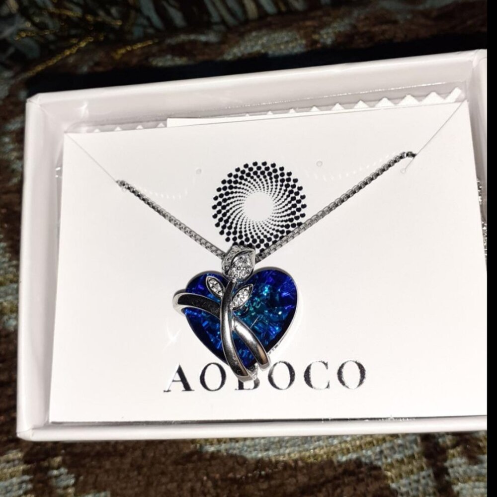 Heart Necklace 925 Sterling Silver Blue Heart Crystal